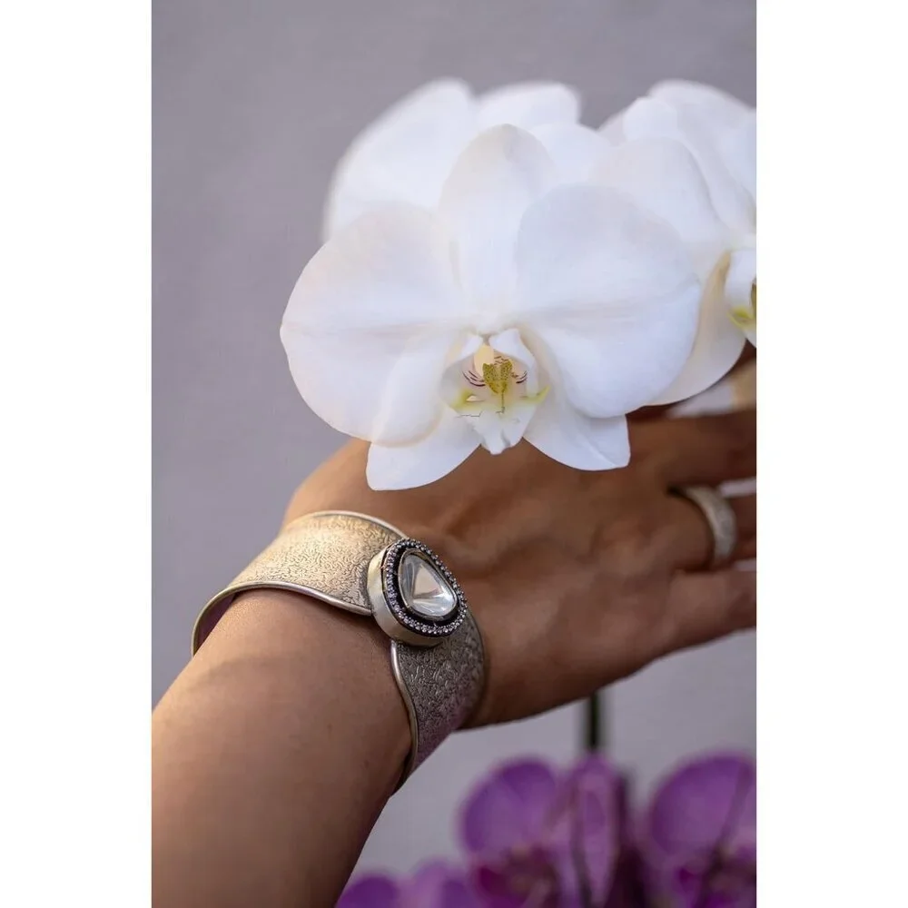 Women's Silver Kundan Crystal Wide Statement Handmade Sterling Cuff Bracelet